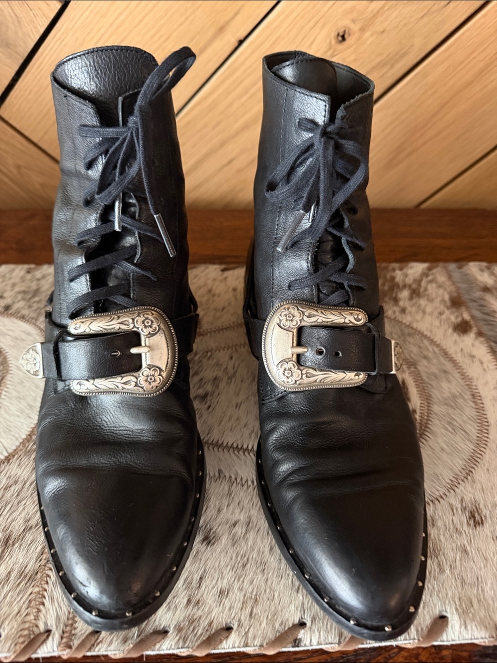 Freda Salvador Black Leather Lace-Up Ankle Boots with Silver Buckles